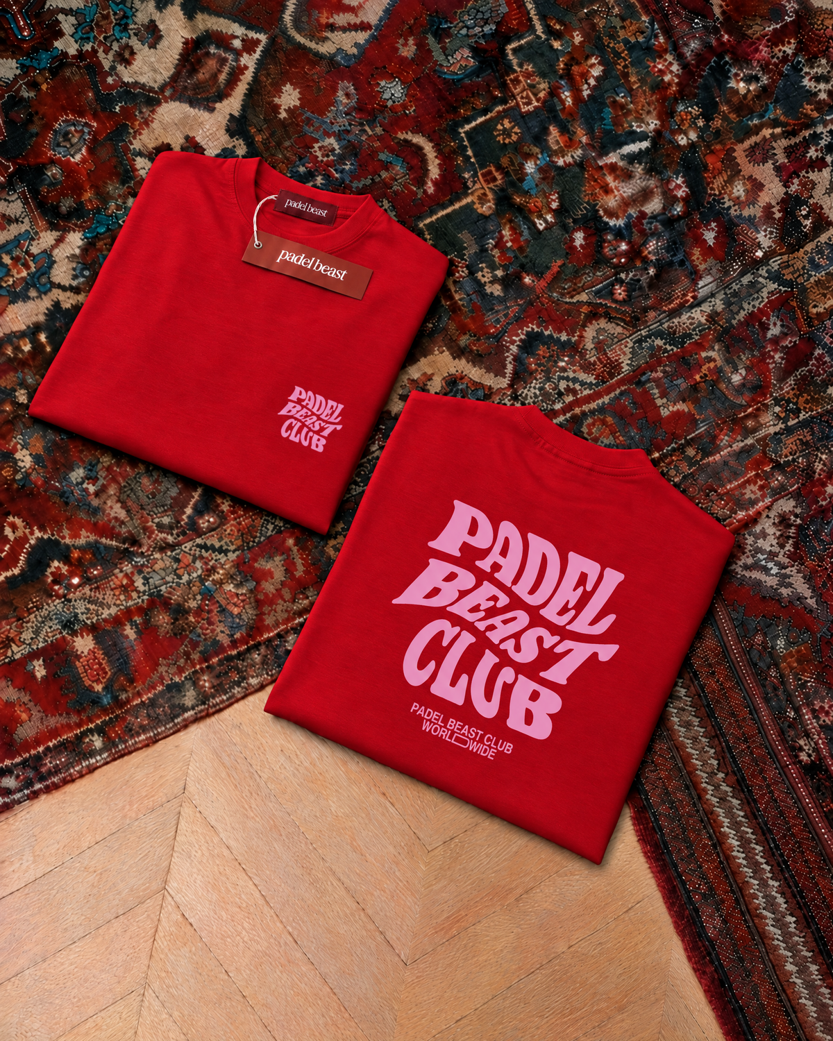 Padel Beast Club, red t-shirt with pink print, front and back