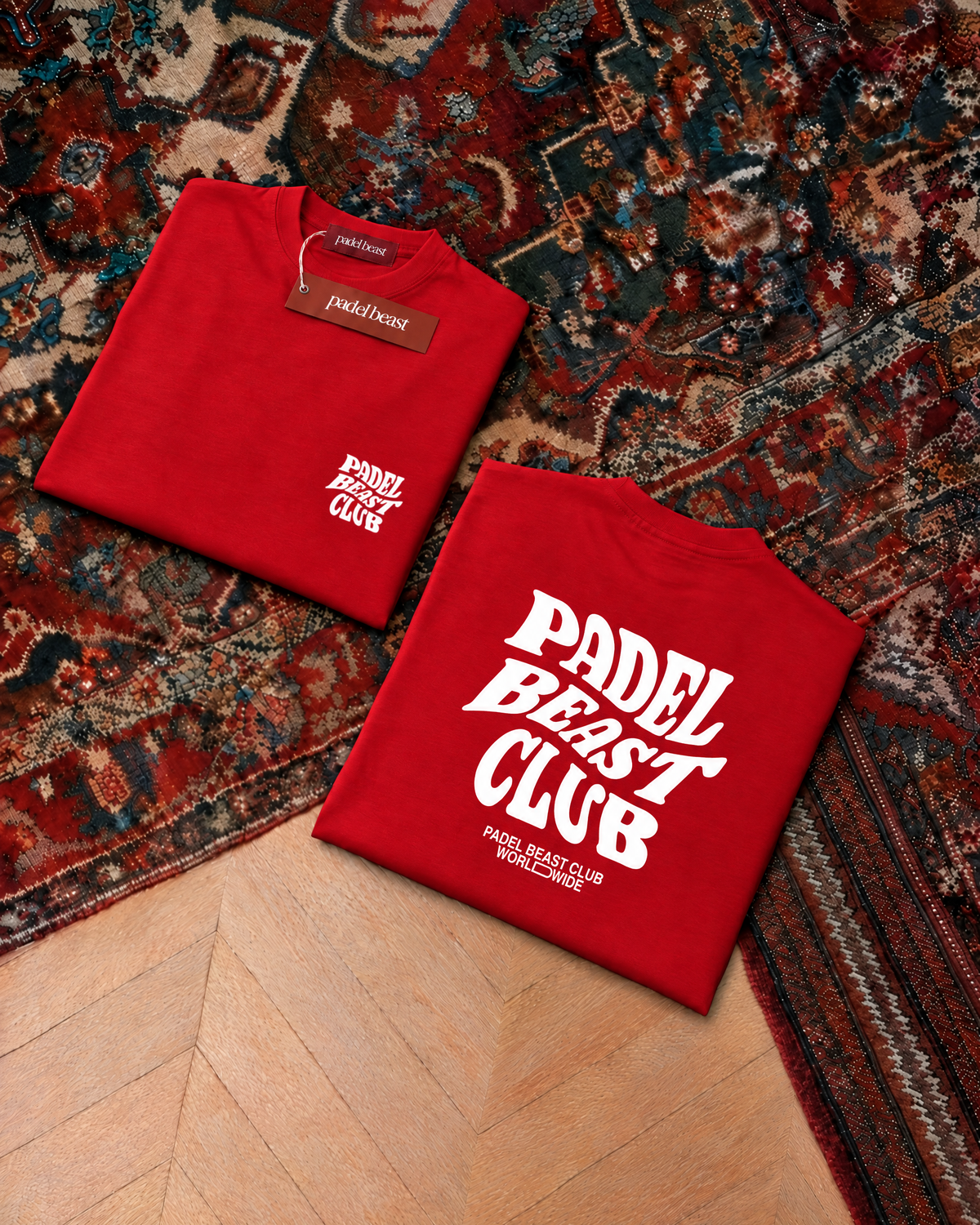 Padel Beast Club, red t-shirt with white print, front and back
