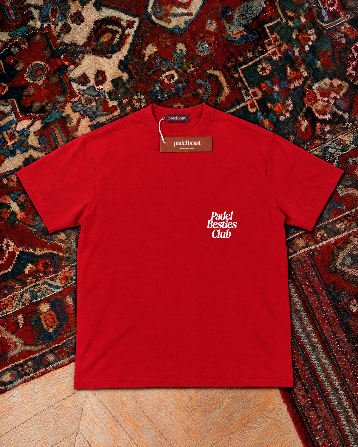 Padel Besties Club, red t-shirt with white print, front