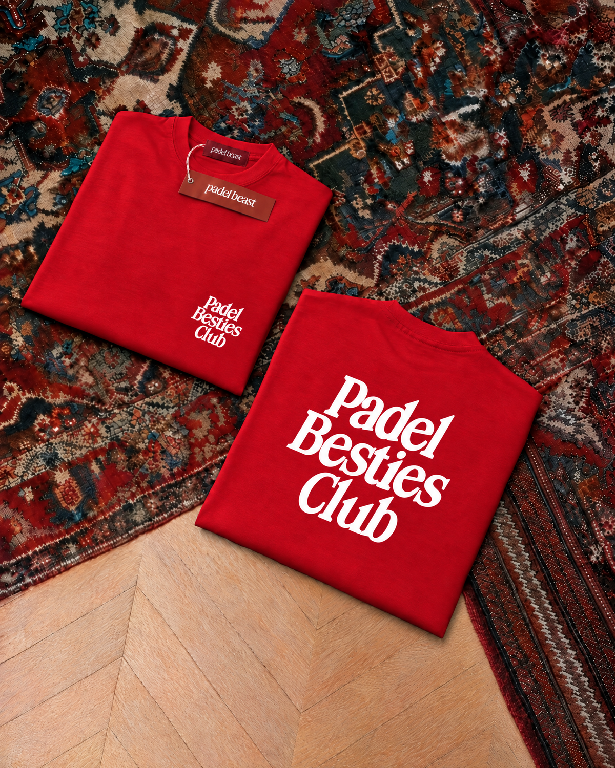 Padel Besties Club, red t-shirt with white print, front and back