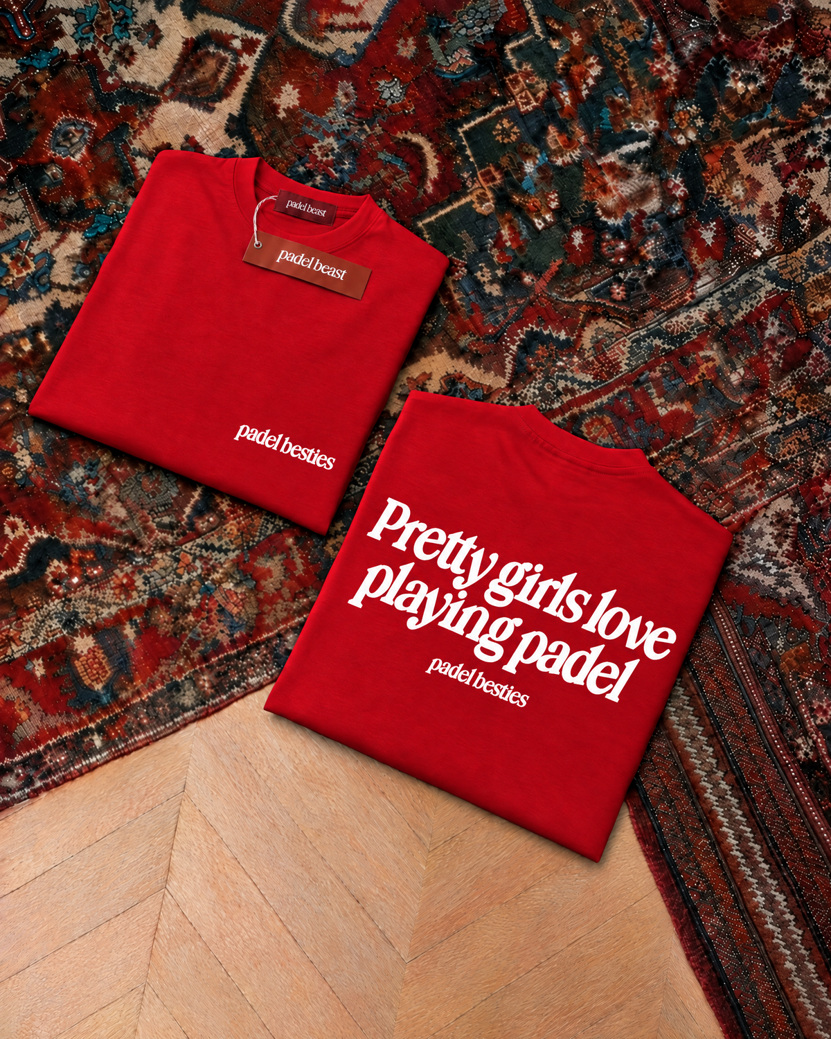 Pretty girls love playing padel, red t-shirt with white print, front and back