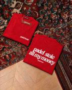 Padel stole all my money, red t-shirt with white print, front and back