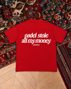 Padel stole all my money, red t-shirt with white print, back