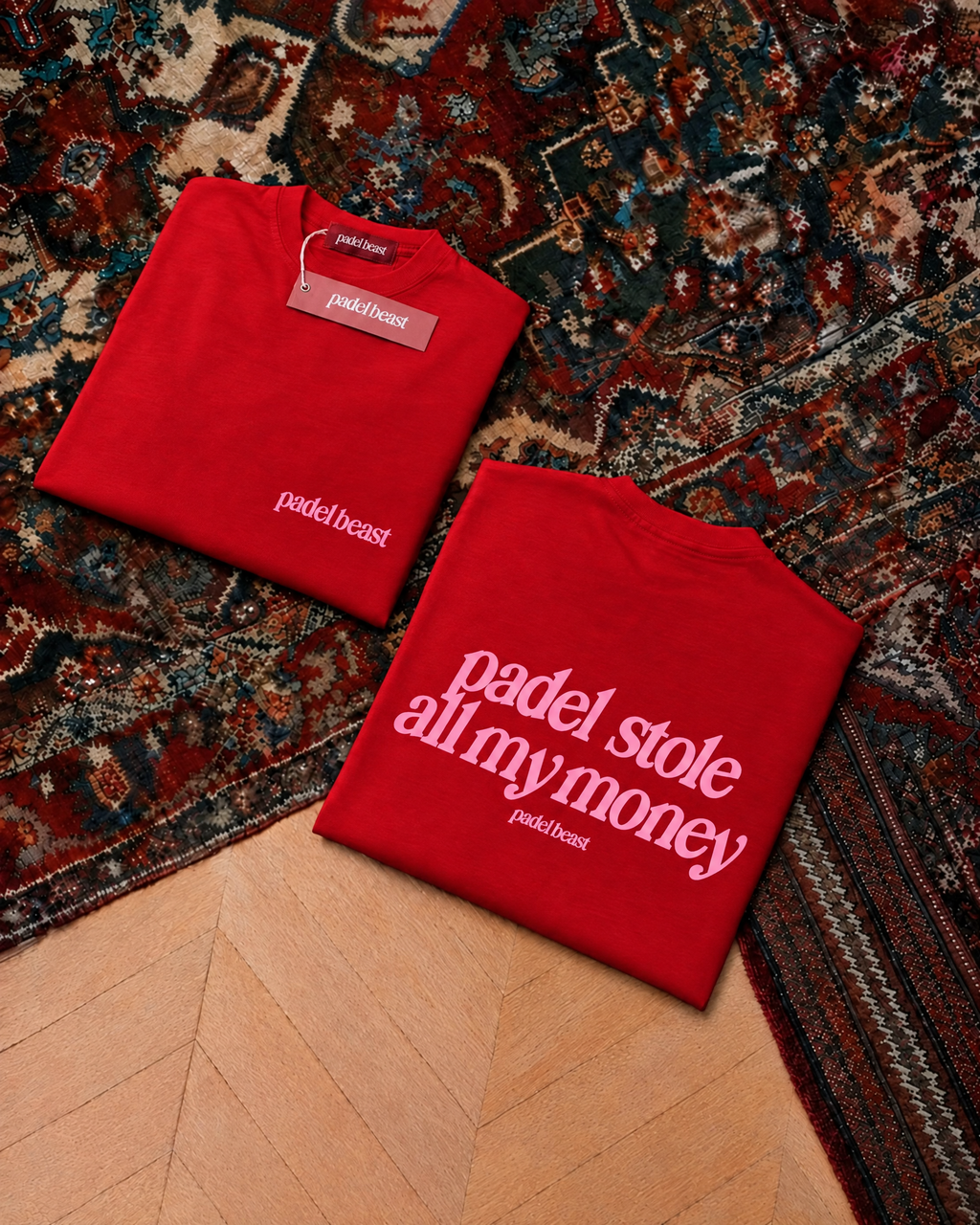 Padel stole all my money, red t-shirt with pink print, front and back
