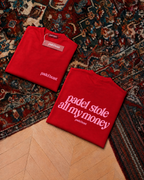 Padel stole all my money, red t-shirt with pink print, front and back