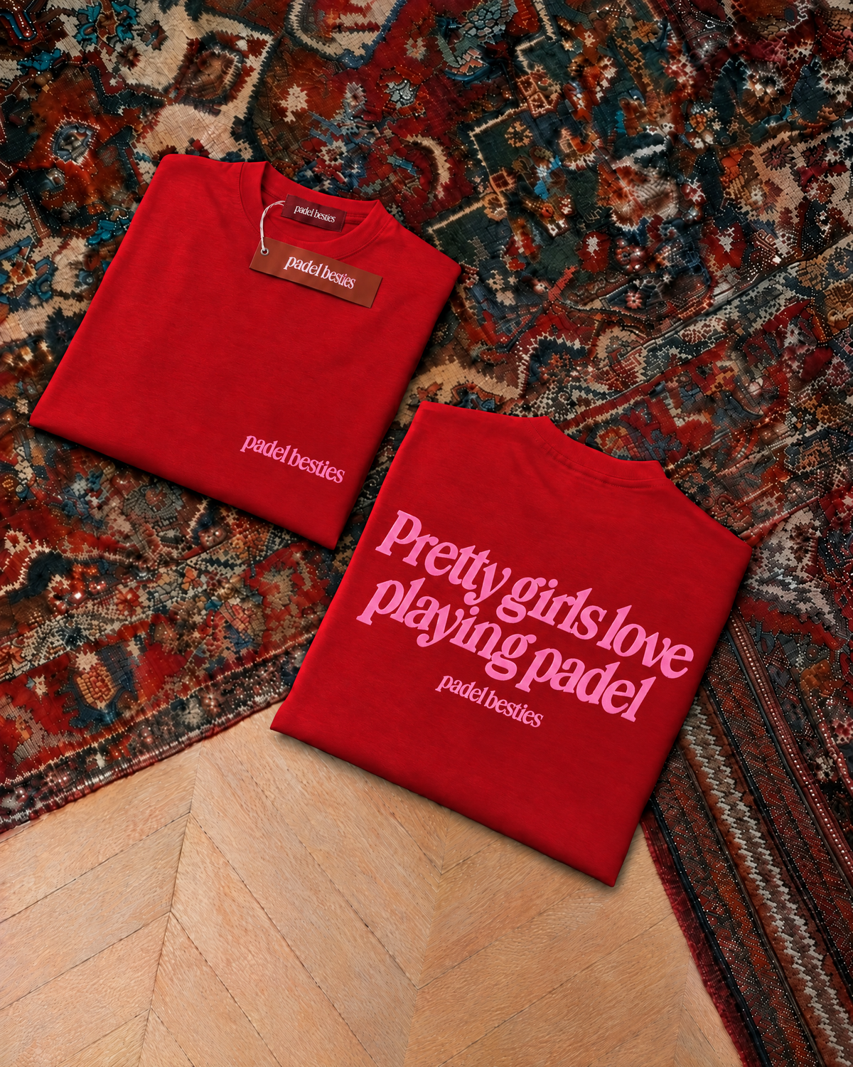 Pretty girls love playing padel, red t-shirt with pink print, front and back
