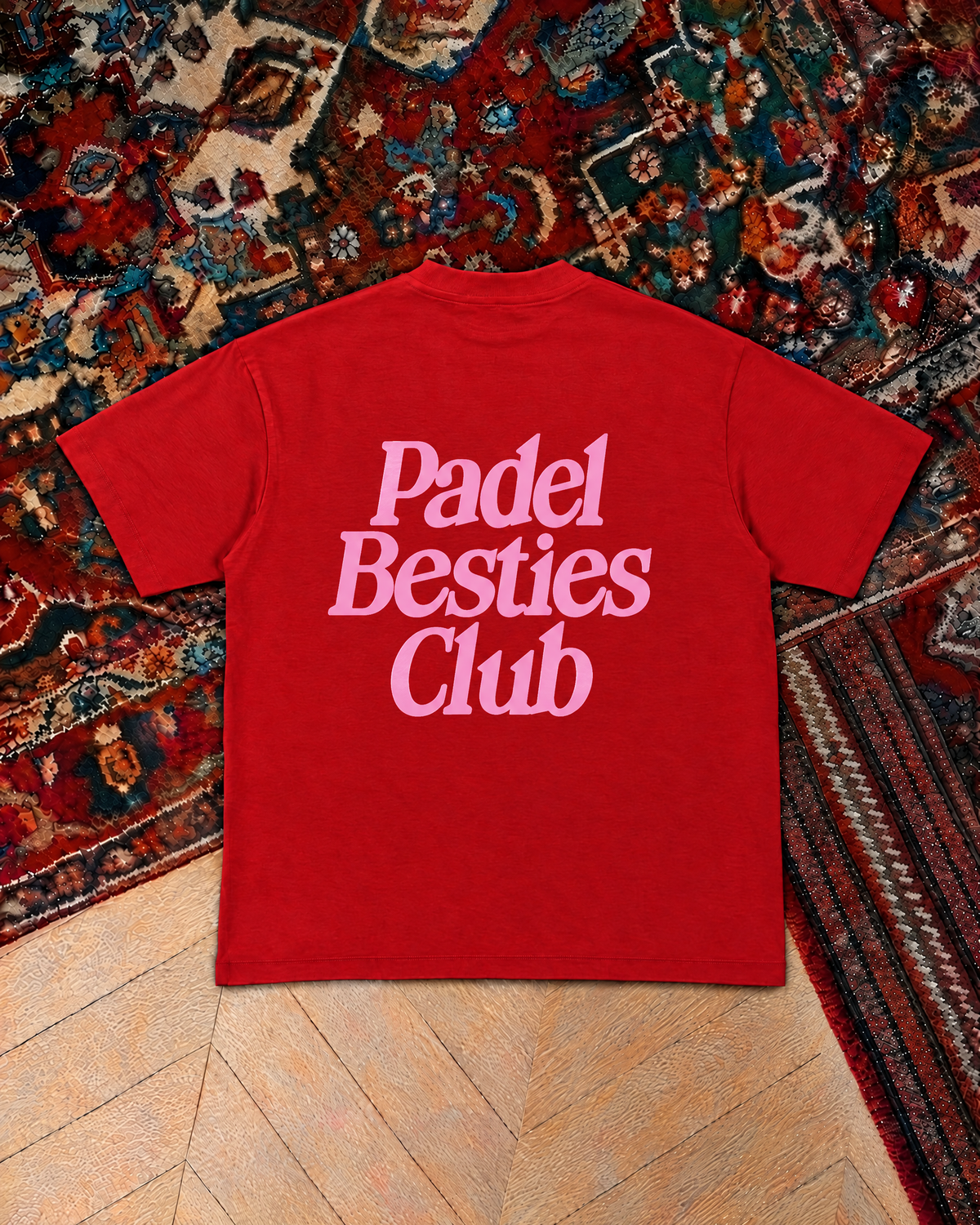 Padel Besties Club, red t-shirt with pink print, back