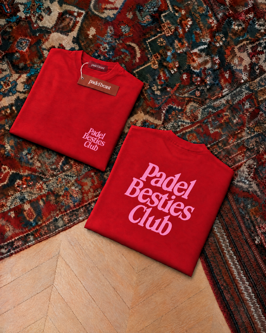Padel Besties Club, red t-shirt with pink print, front and back