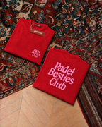Padel Besties Club, red t-shirt with pink print, front and back