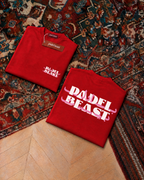 Padel Beast Arabic wordmark, red t-shirt with white and pink print, front and back