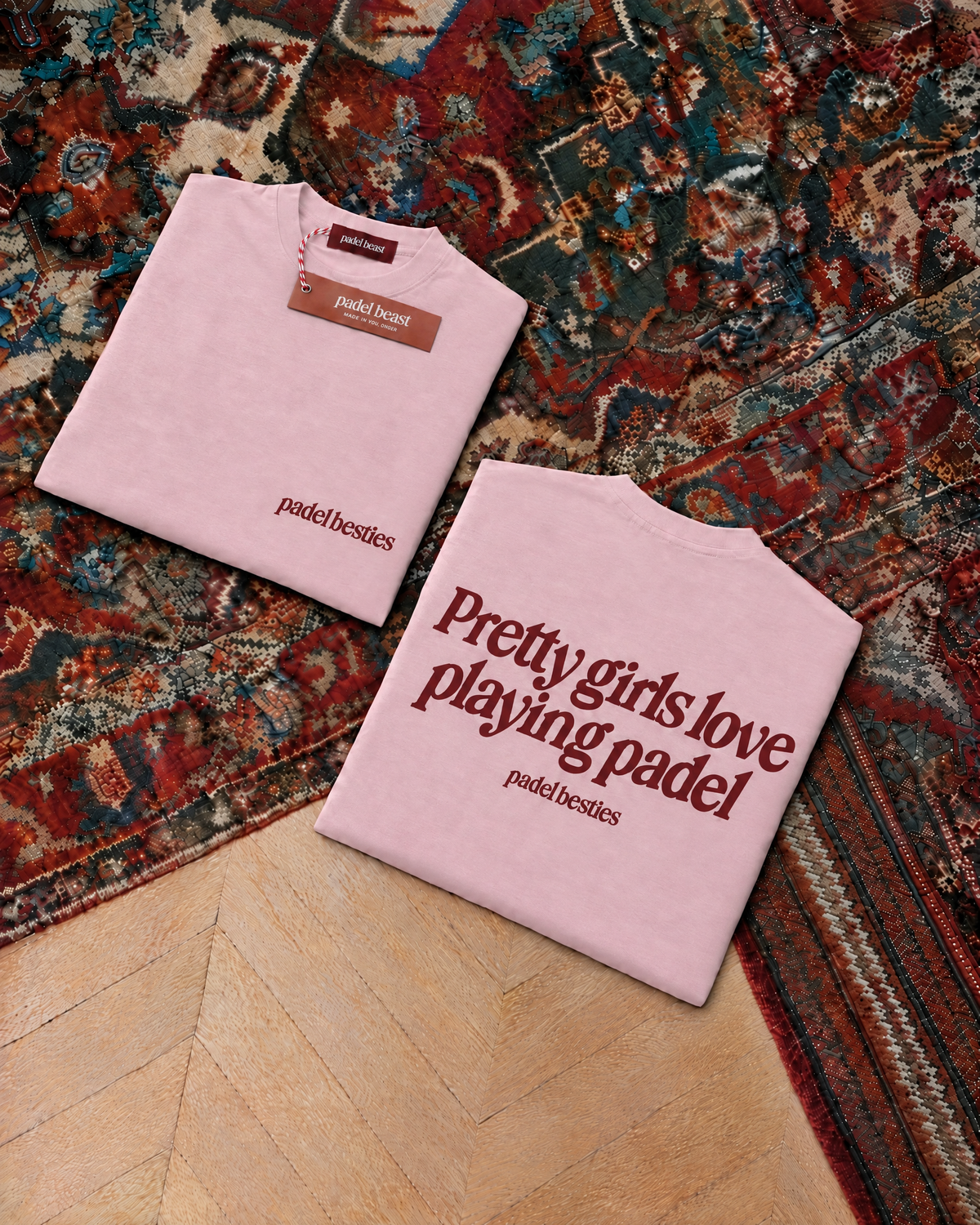 Pretty girls love playing padel, pink t-shirt with red print, front and back