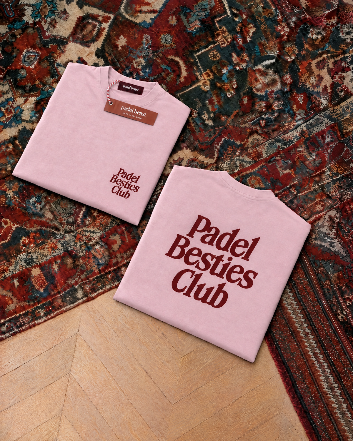 Padel Besties Club, pink t-shirt with red print, front and back