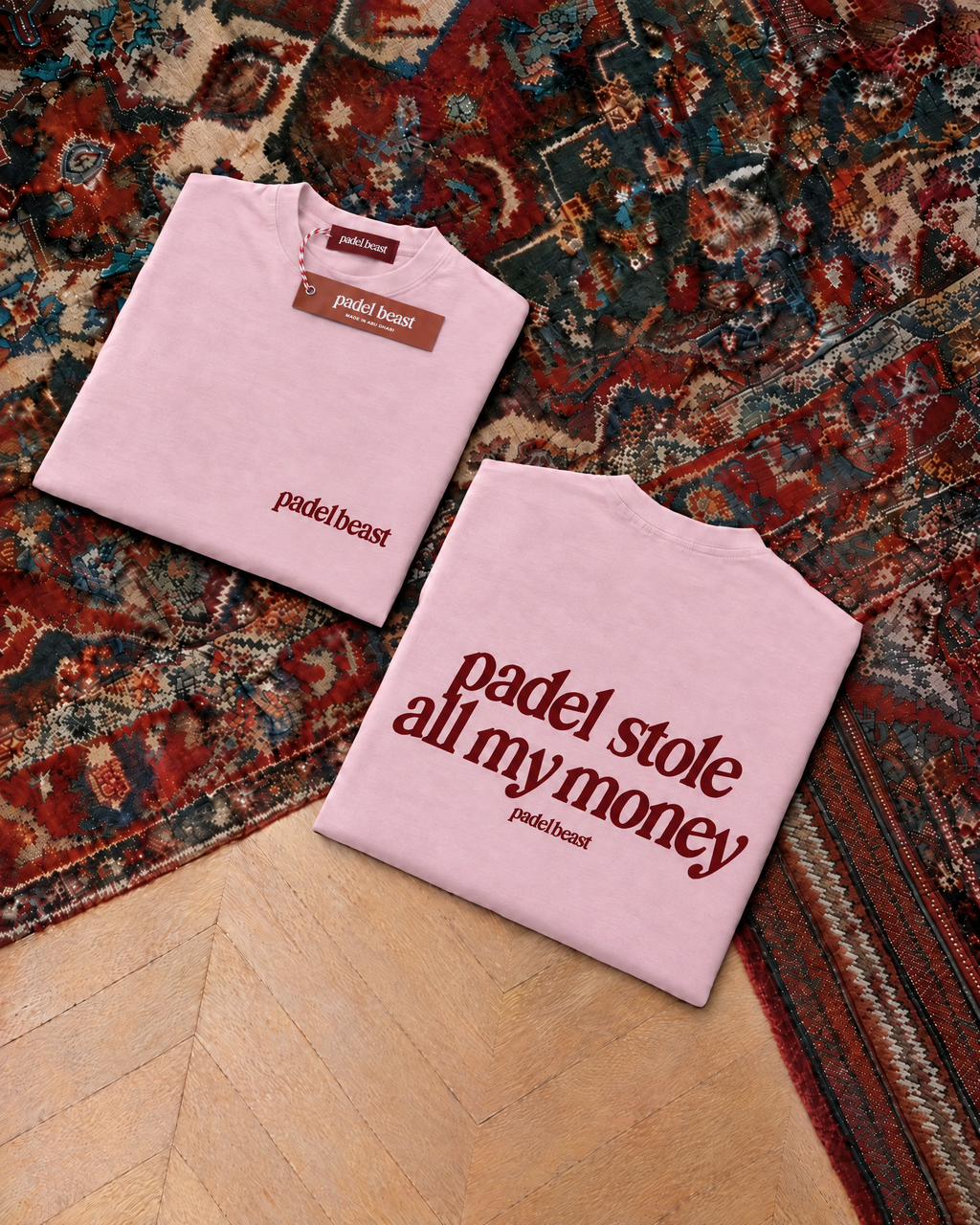 Padel stole all my money, pink t-shirt with red print, front and back