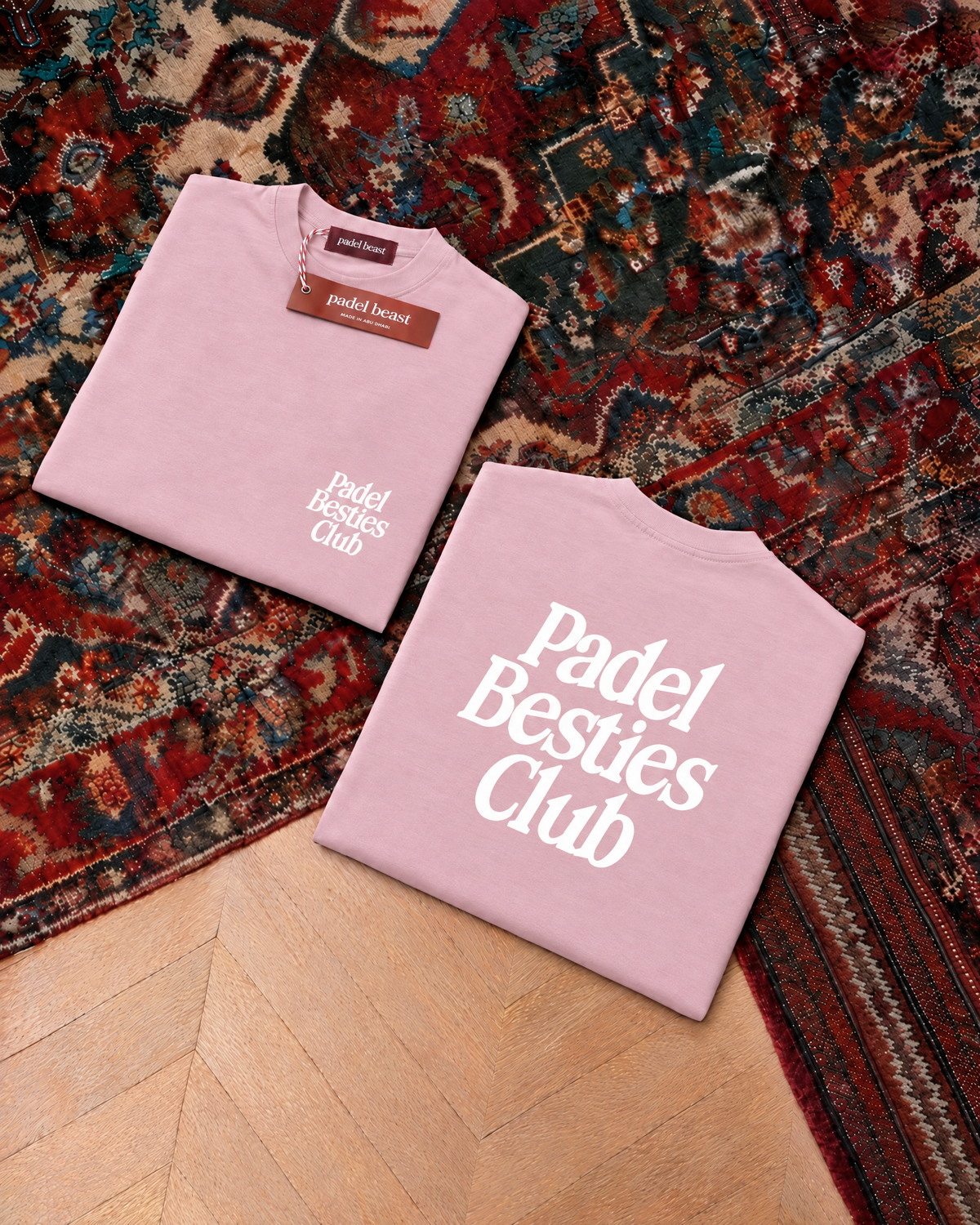 Padel Besties Club, pink t-shirt with white print, front and back