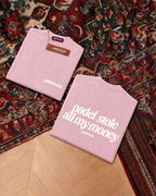 Padel stole all my money, pink t-shirt with white print, front and back