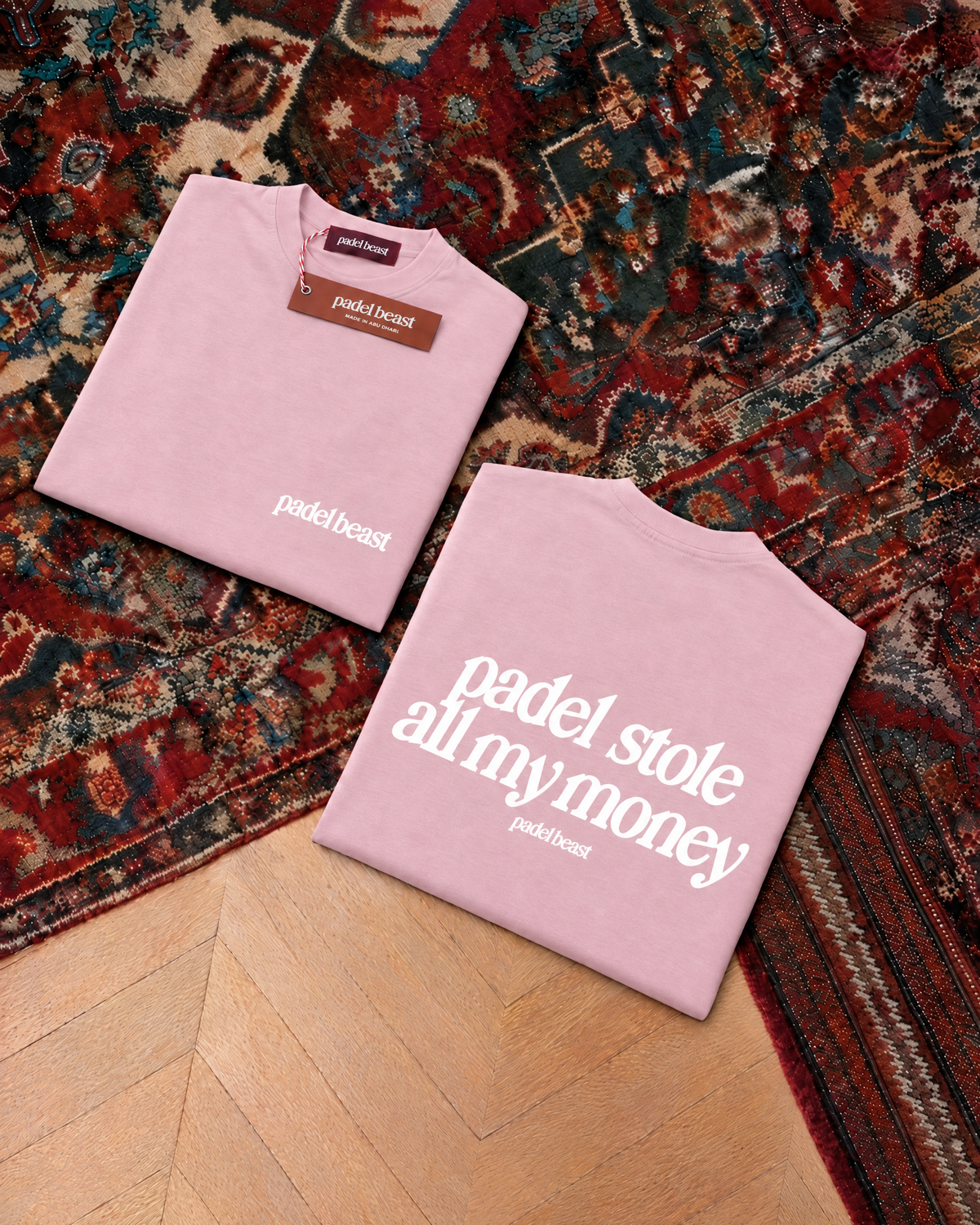 Padel stole all my money, pink t-shirt with white print, front and back
