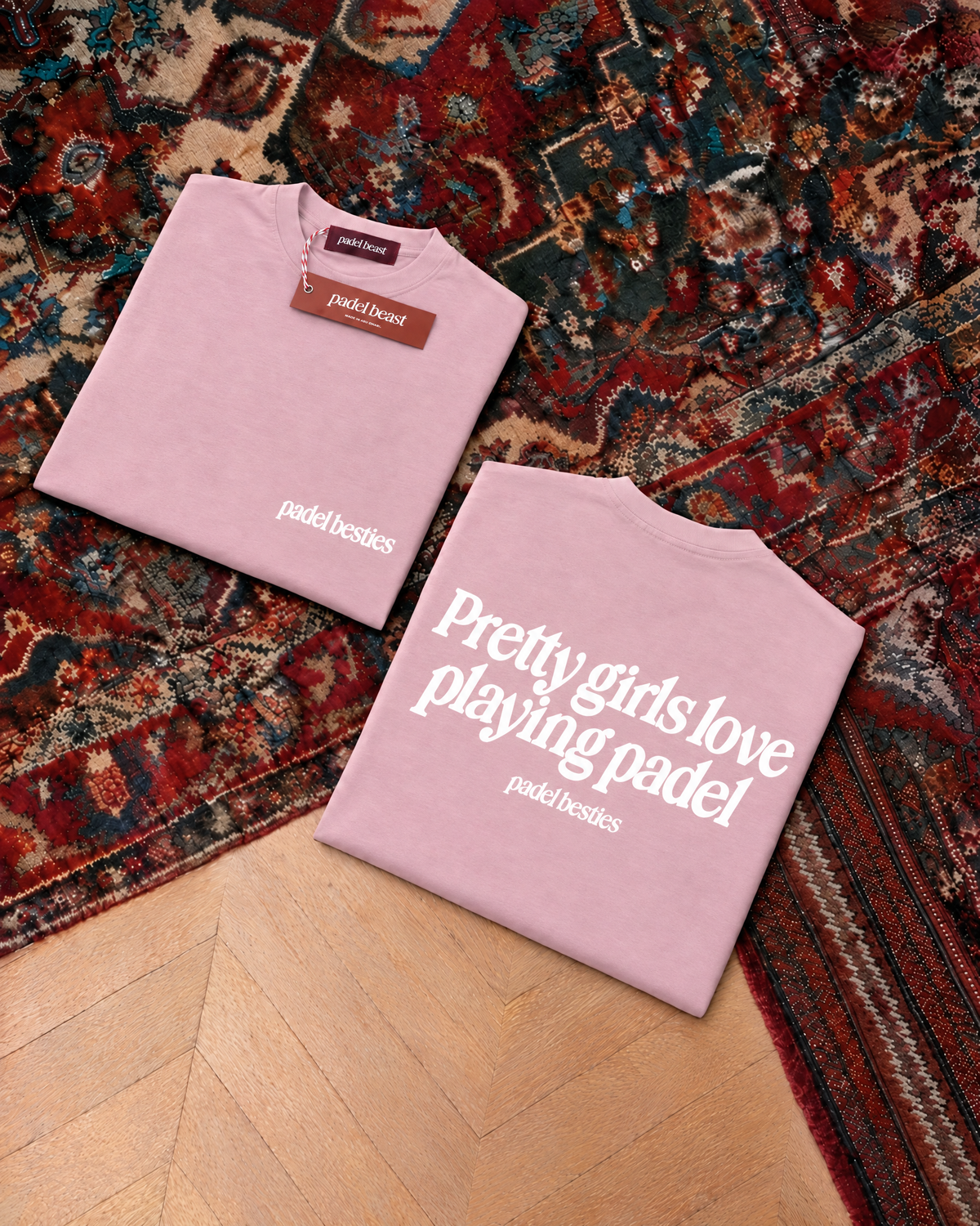 Pretty girls love playing padel, pink t-shirt with white print, front and back