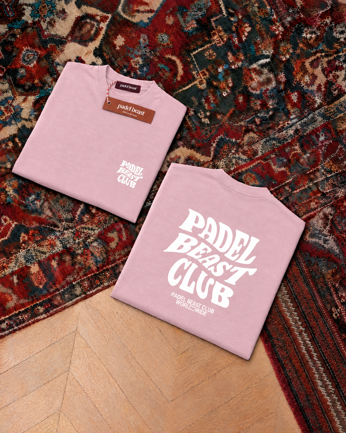 Padel Beast Club, pink t-shirt with white print, front and back