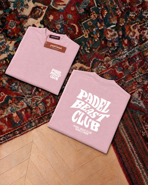 Padel Beast Club, pink t-shirt with white print, front and back