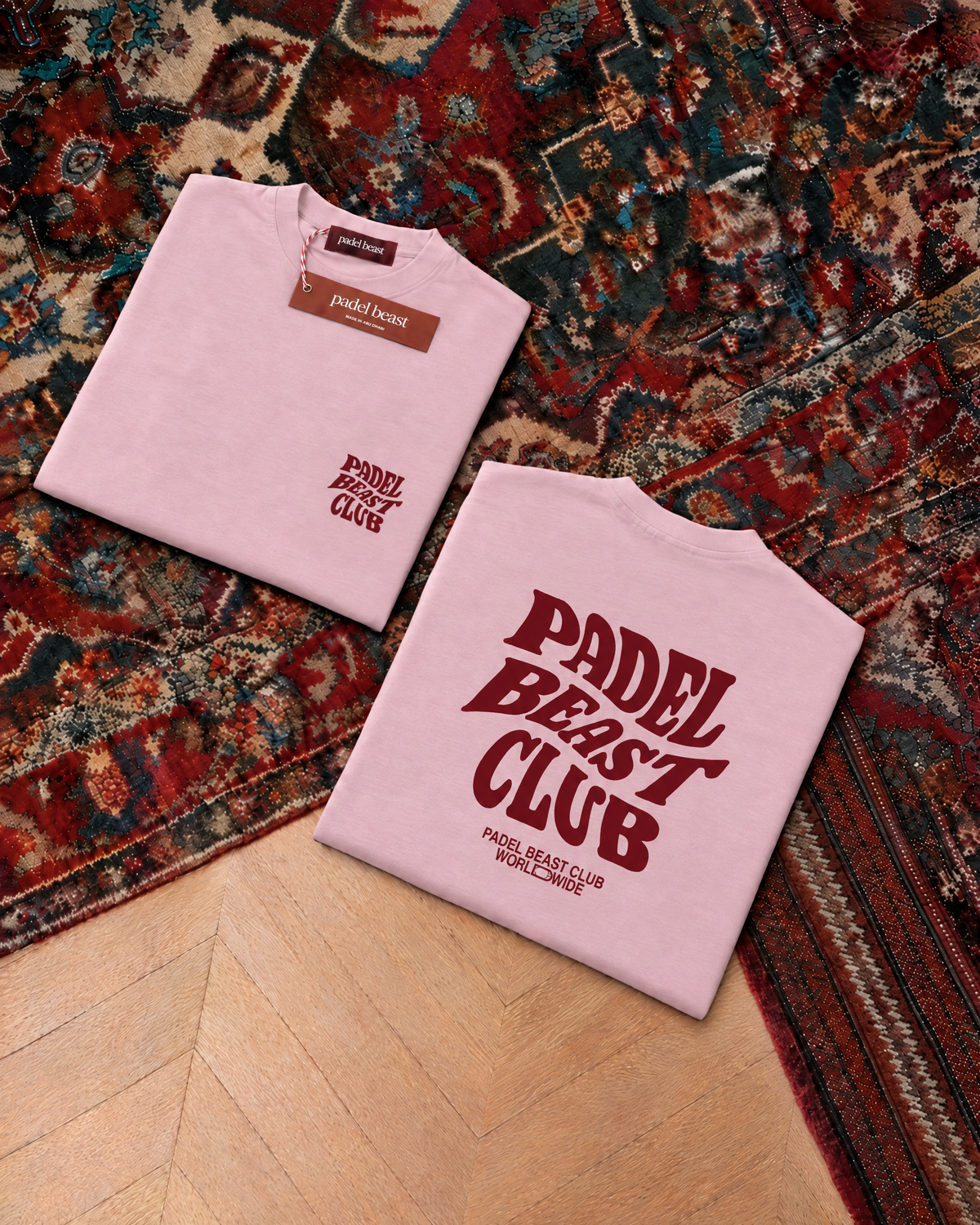 Padel Beast Club, pink t-shirt with red print, front and back