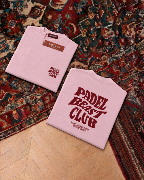 Padel Beast Club, pink t-shirt with red print, front and back