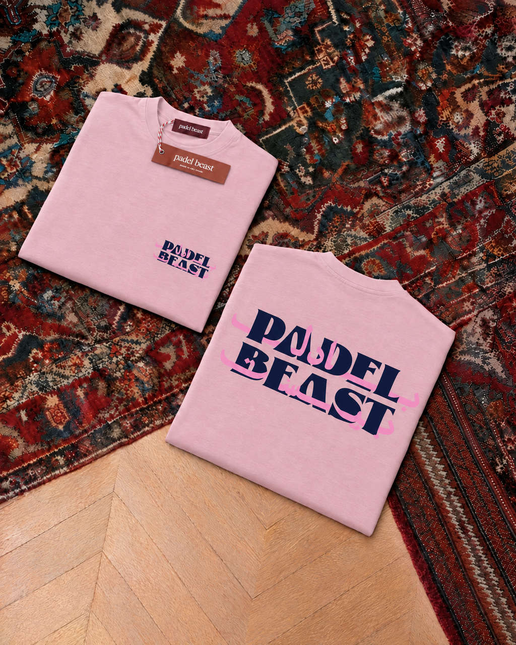 Padel Beast Arabic wordmark, pink t-shirt with navy print, front and back
