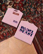 Padel Beast Arabic wordmark, pink t-shirt with navy print, front and back