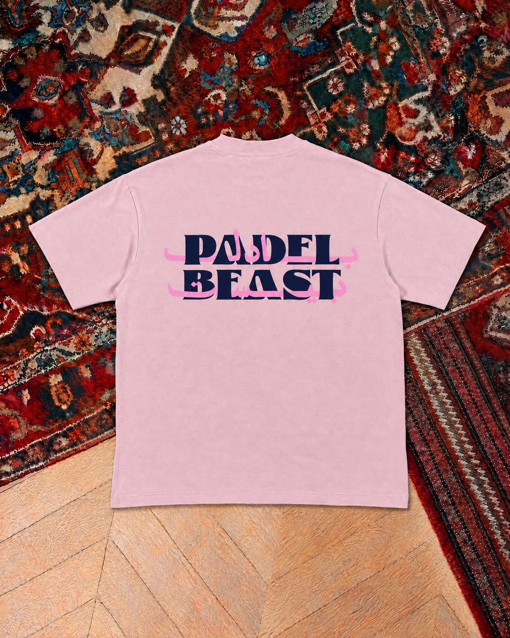 Padel Beast Arabic wordmark, pink t-shirt with navy print, back
