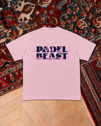 Padel Beast Arabic wordmark, pink t-shirt with navy print, back