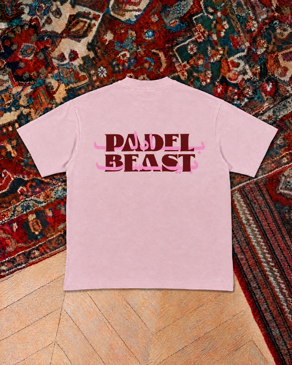 Padel Beast Arabic wordmark, pink t-shirt with red and pink print, back