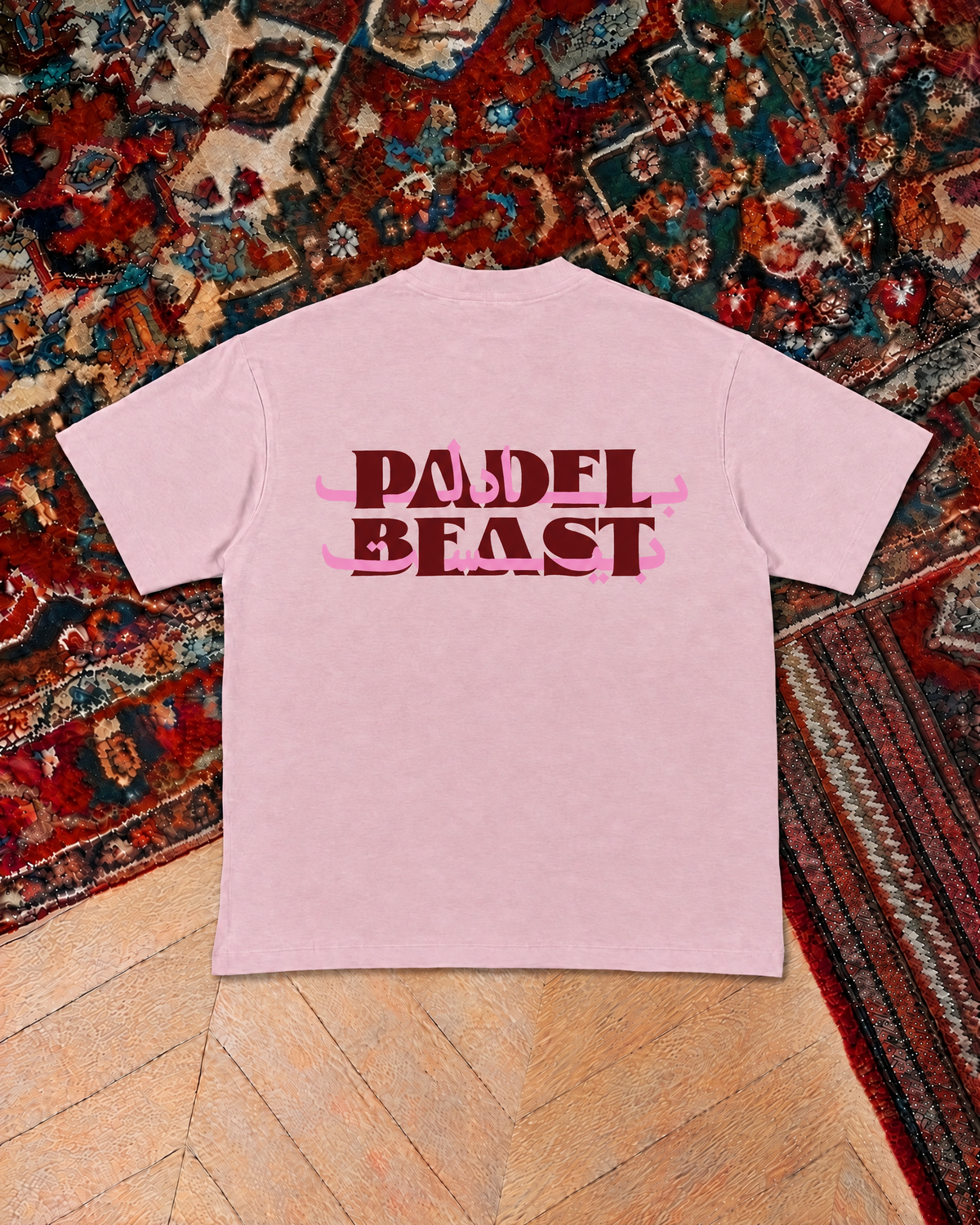 Padel Beast Arabic wordmark, pink t-shirt with red and pink print, back