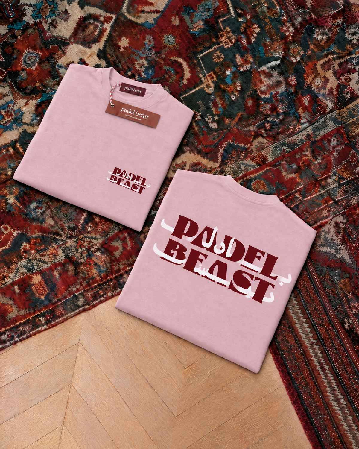 Padel Beast Arabic wordmark, pink t-shirt with red and white print, front and back