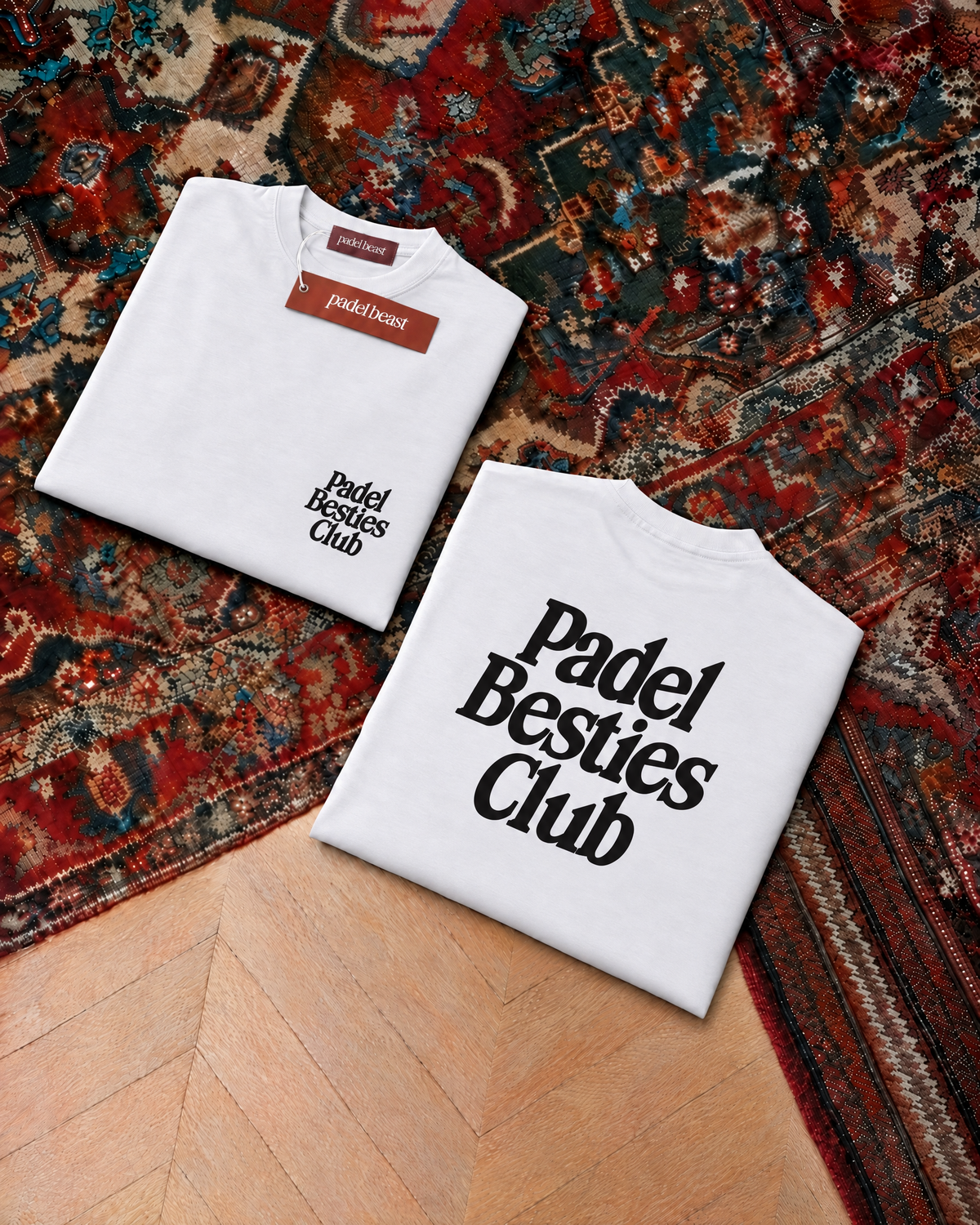 Padel Besties Club tee in white, folded front and back
