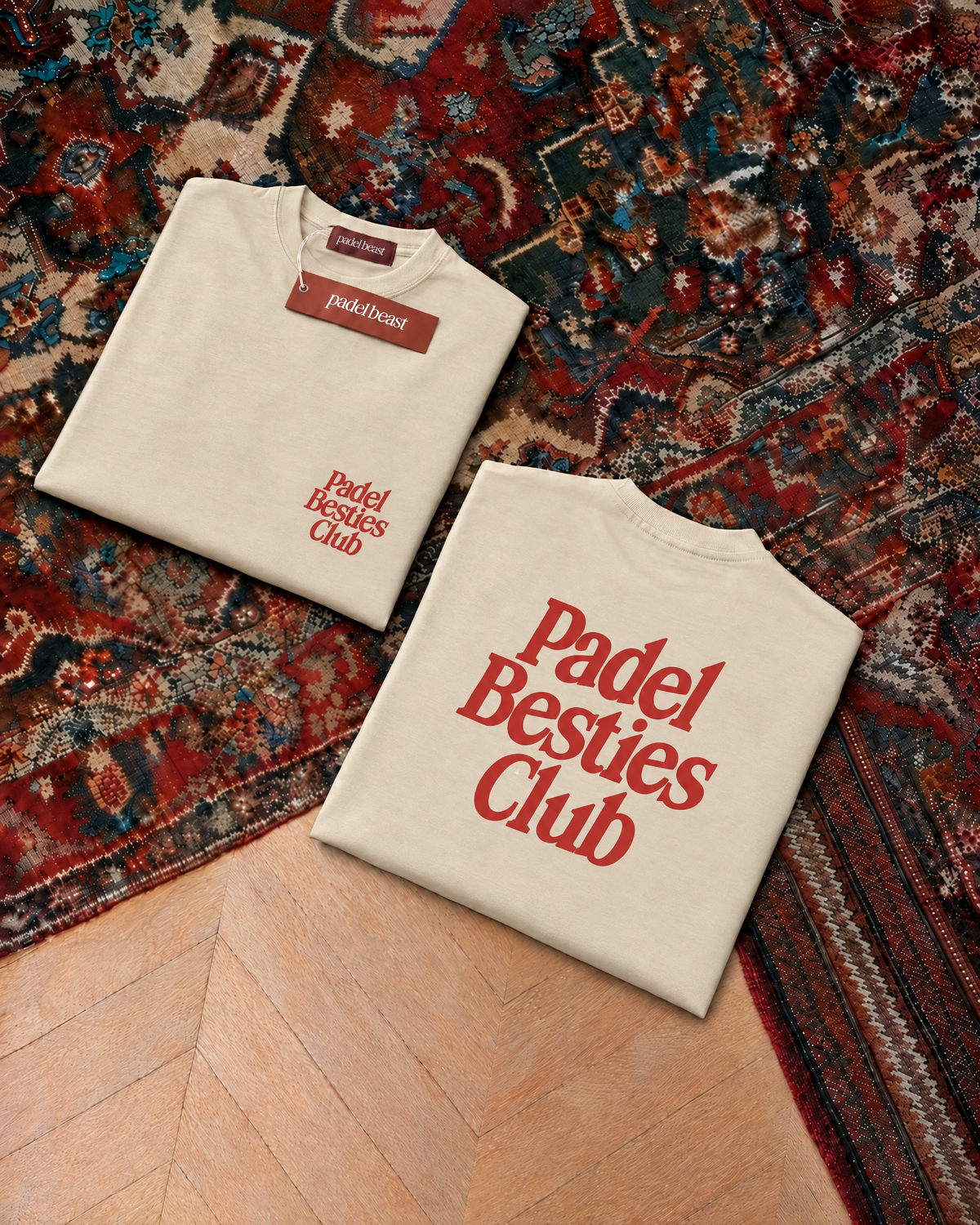 Padel Besties Club tee in cream, folded front and back