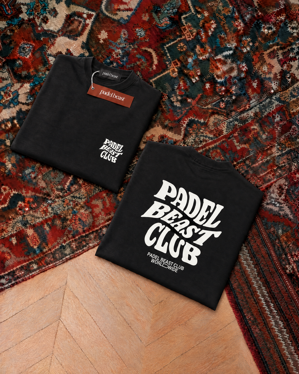 Padel Beast Club tee in black, folded front and back