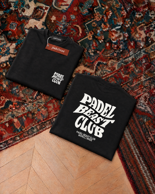 Padel Beast Club tee in black, folded front and back