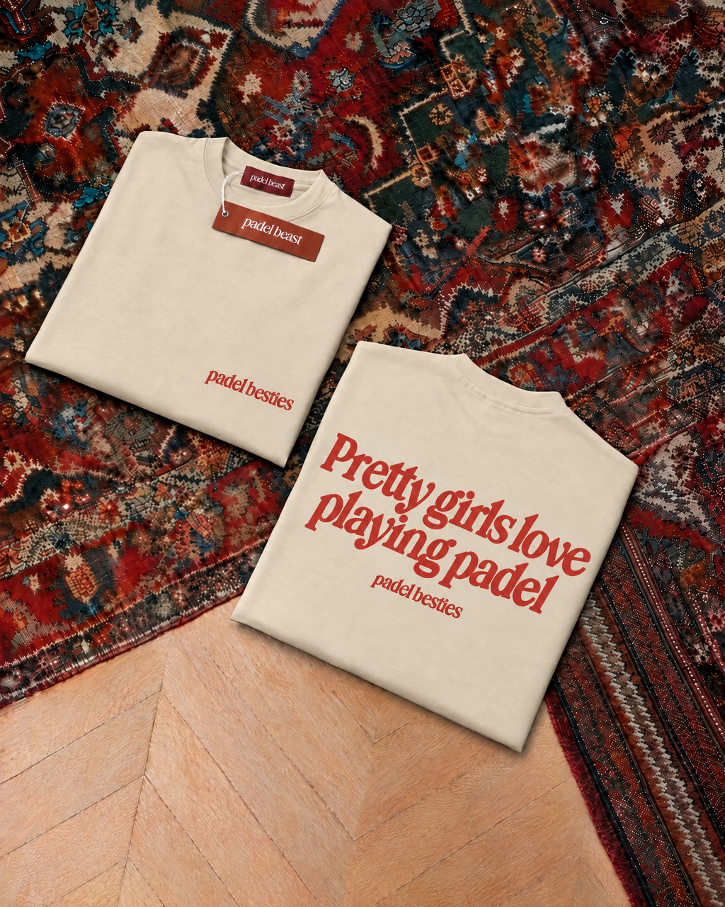 Padel Pretty Girls tee in cream, folded front and back
