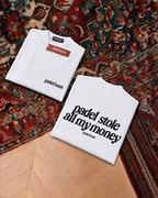 Padel Stole All My Money tee in white, folded front and back