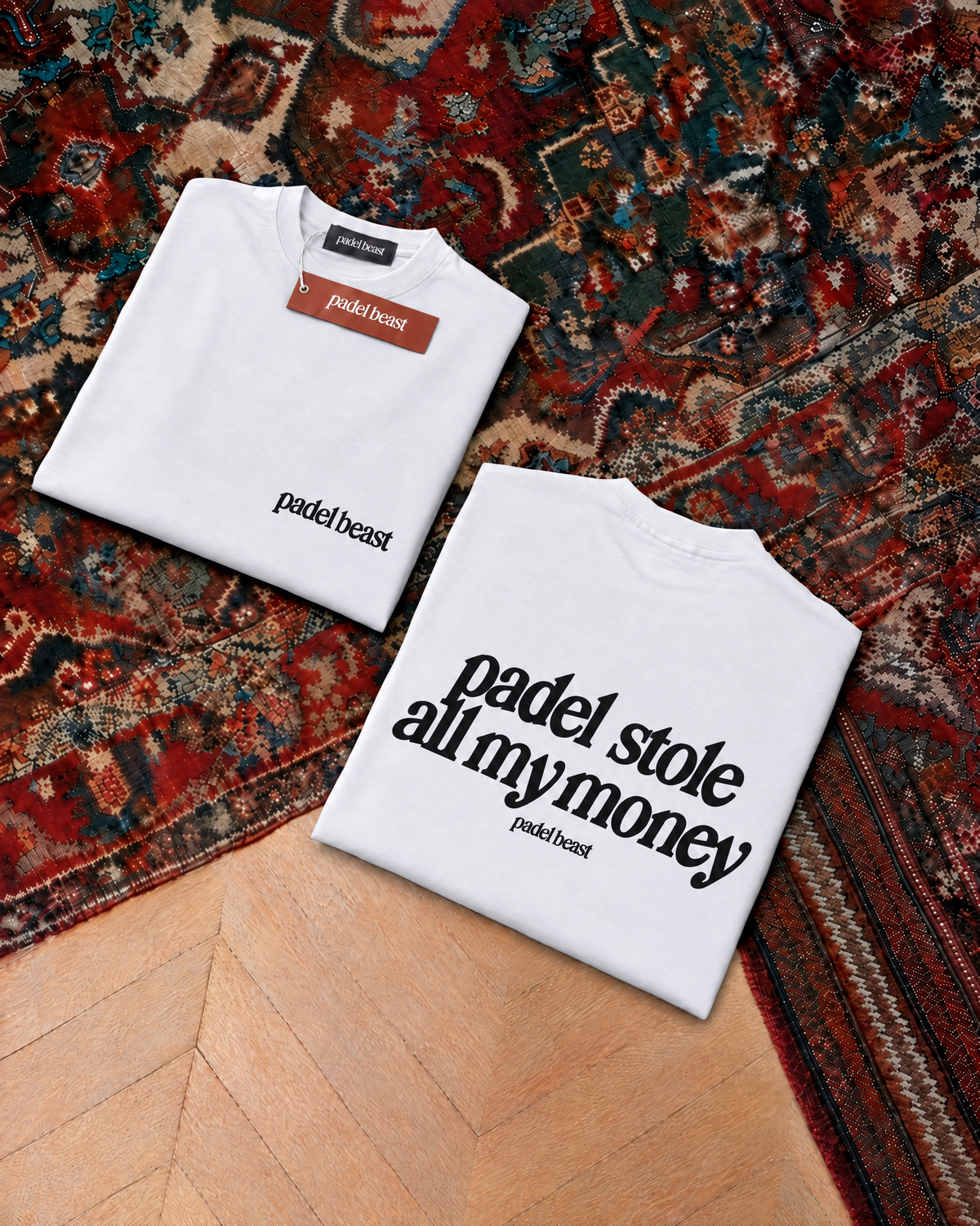 Padel Stole All My Money tee in white, folded front and back