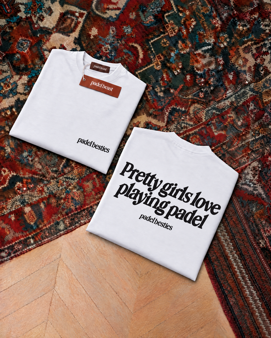 Padel Pretty Girls tee in white, folded front and back