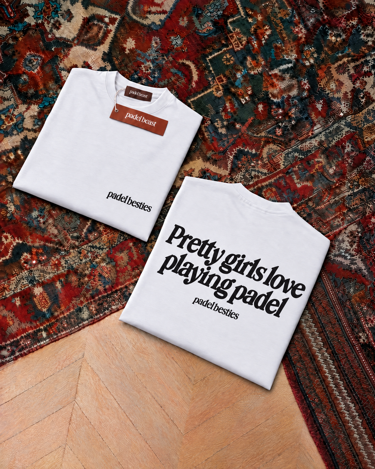 Padel Pretty Girls tee in white, folded front and back