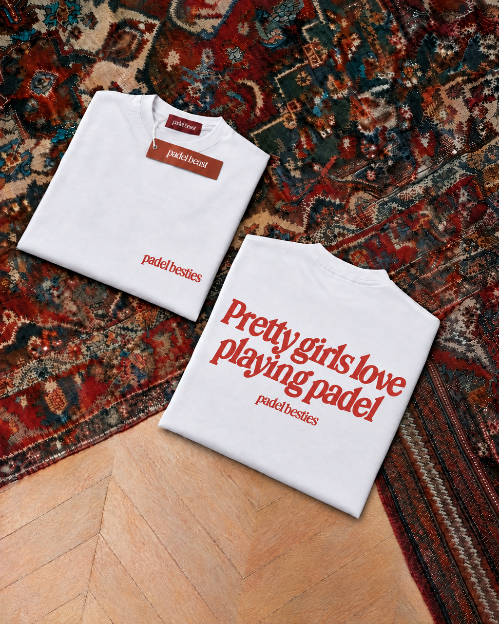 Padel Pretty Girls tee in white with red print, folded front and back