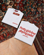 Padel Pretty Girls tee in white with red print, folded front and back