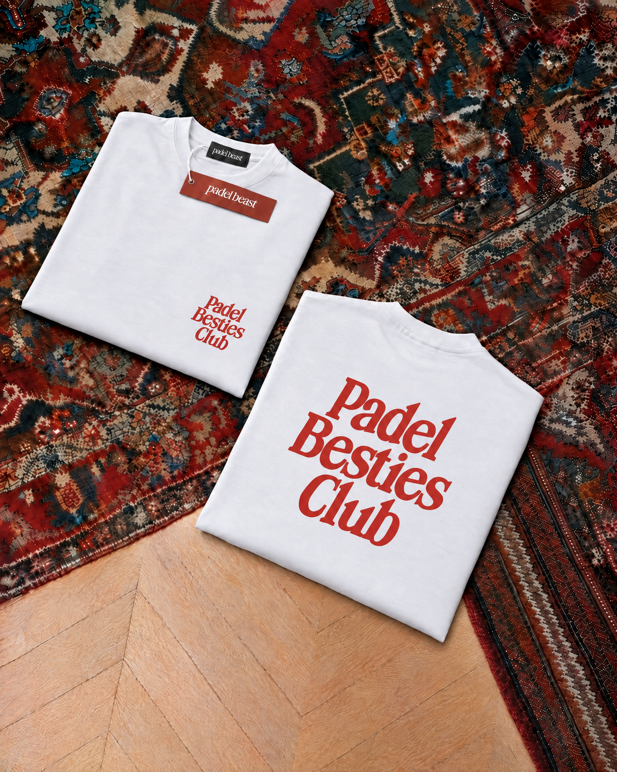 Padel Besties Club tee in white with red print, folded front and back