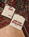 Padel Stole All My Money tee in cream with oxblood print, folded front and back