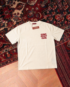 Padel Beast Club cream tee front, new neck label and hangtag