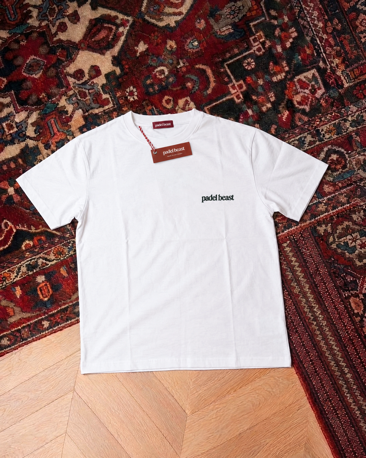 Padel Stole All My Money white tee front, new neck label and hangtag