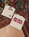 Padel Beast Arabic English cream tee, folded front and back