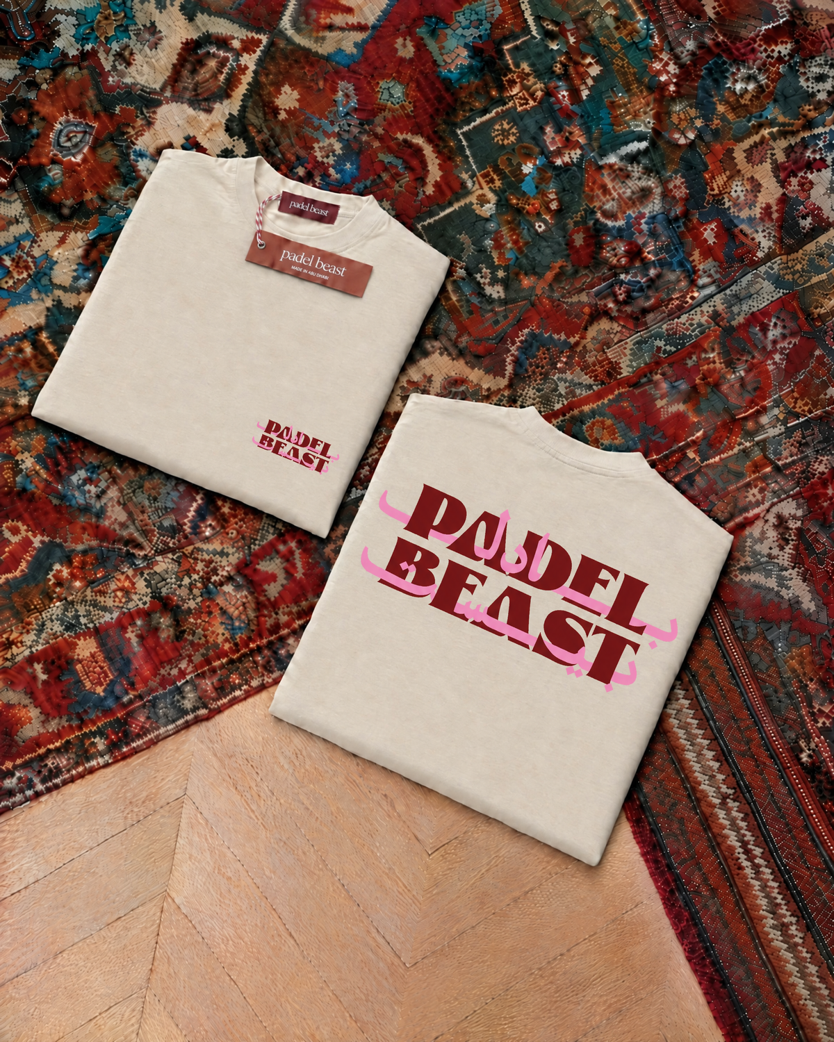 Padel Beast Arabic English cream tee, folded front and back
