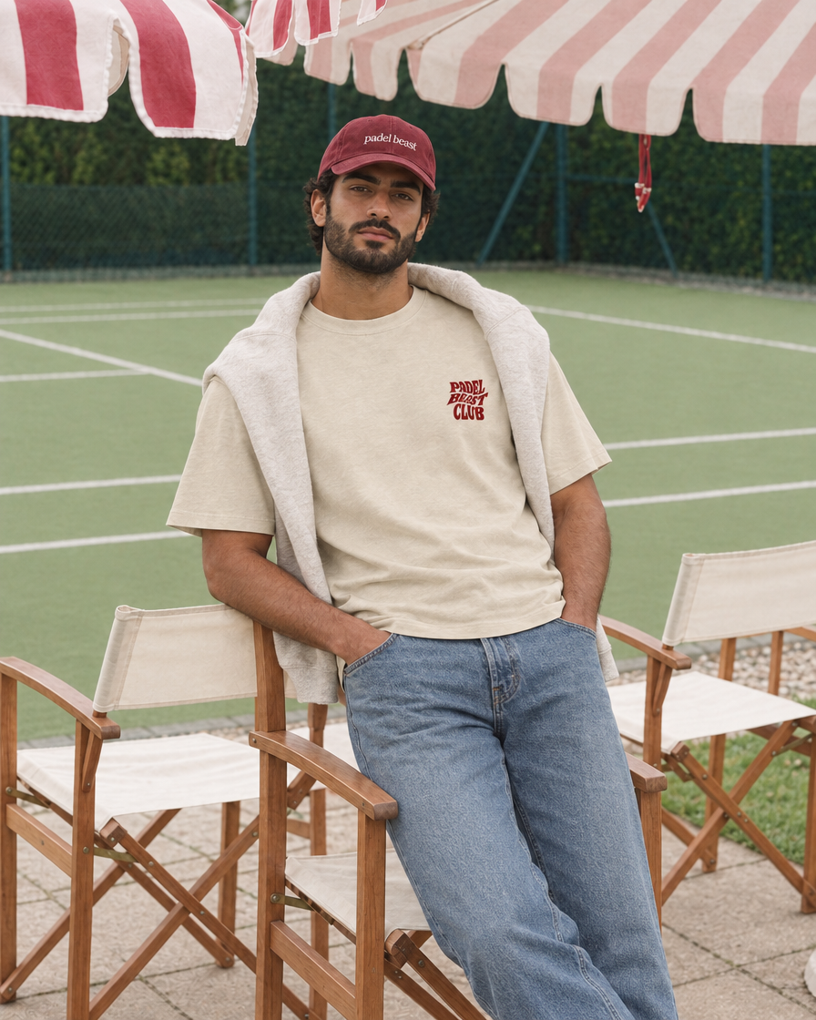 Padel Beast Club cream tee on a man, front, at the padel club